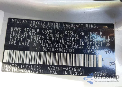 2014 Toyota Avalon Hybrid Xle Touring из США, поврежденный, VIN 4T1BD1EB3EU022194